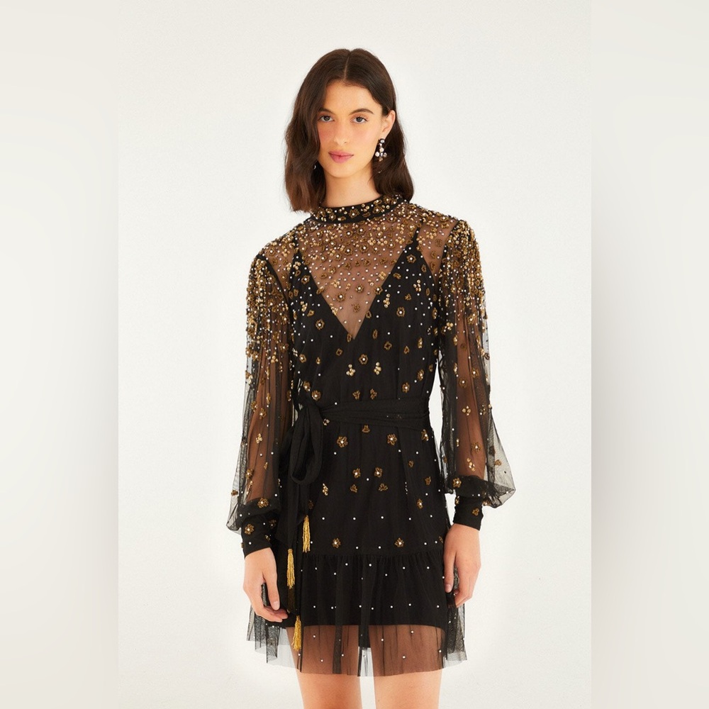 FARM RIO Black Embroidered Tulle Overlay Belted Long Sleeve Mini Dress,Small,398 - Picture 1 of 16